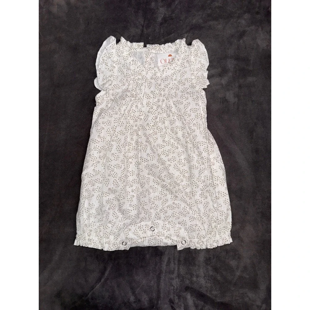 Ollie's Day Baby Girl Floral Bubble Romper White Tan Ruffle Sleeve 6-9 Months